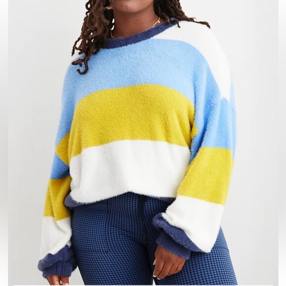 Aerie Flurry Soft Fuzzy Long Sleeve Striped Colorblock Pullover Sweater Sz L NEW - Picture 1 of 11
